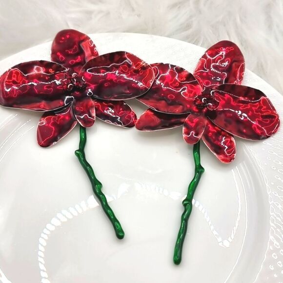 New ZARA Red Enamel Flower statement earrings - Picture 3 of 15